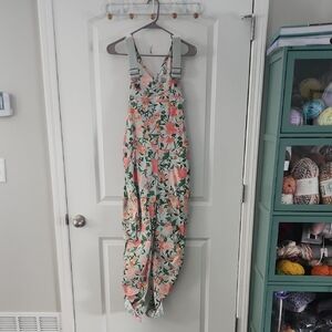 Duluth Trading Co Floral Overalls in Green and Coral